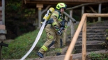 Ćwiczenia strażaków w Skansenie Kurpiowskim, 10.10.2024, fot. Paweł Wądołowski